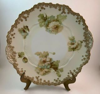 Antique Hermann Ohme Silesia Old Ivory Porcelain Cake Plate With Raised Flowers