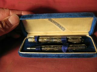 Antique Waterman 452 1/2 Sterling Silver Overlay Fountain Pen & Pencil W Box