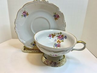 Edelstein Bavaria Delicate Tea Cup And Saucer Floral With Gold Trim Design