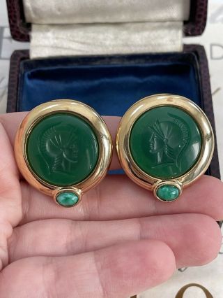 Cameo Earrings Antique 19th Soldier Roman Or Greek Green Carve Glass Gold Plait