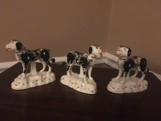 Three (3) Antique English Staffordshire Miniature Black And White Dogs
