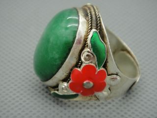 Tibet Silver Inlay Natural Green Jade Cloisonne Enamel Red Flower Adjust Ring