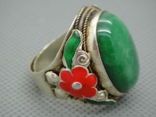 Tibet Silver inlay Natural Green Jade Cloisonne enamel Red flower Adjust Ring 3