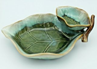 Vintage Mcm Pottery Brown Green Drip Glaze Leaf Shaped Chip & Dip Serving Bowl