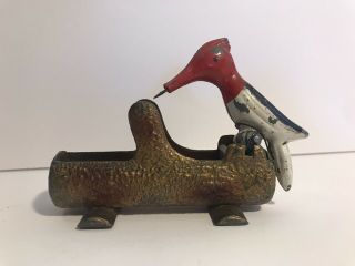 Vintage Antique Cast Iron Woodpecker Bird Toothpick Holder Dispenser Matches