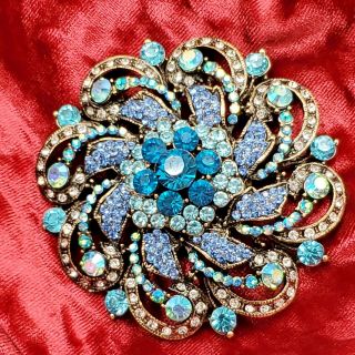 Large Brooch Pin With Pendant Loop Blue And Clear Rhinestones Antique Gold Look