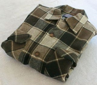 Vtg 60s Pendleton Board Shirt Black Brown Plaid Wool Loop Collar Flap Sz S Small