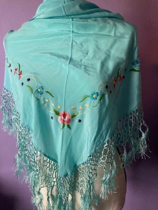 Vintage Echo Aqua Blue Embroidered Floral Silk Triangle Scarf Shawl Wrap