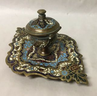 Antique French Champleve Enameled Bronze Inkwell Ink Well Desk Accessory