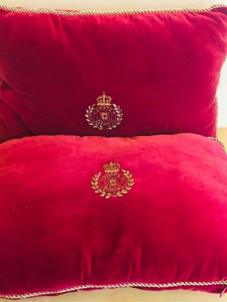 2 Vintage Chaps Ralph Lauren Throw Pillow Red Velvet Metallic Embroidery Crest