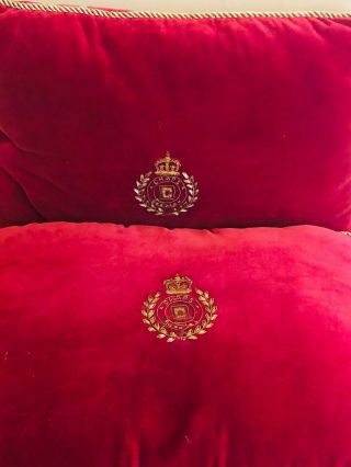 2 Vintage Chaps Ralph Lauren Throw Pillow Red Velvet Metallic Embroidery Crest 2