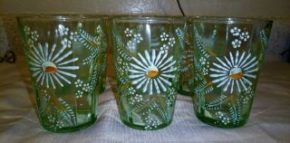 Set Of 6 Antique Victorian 4 " Green Panel Tumblers Hp Enamel Aster Daisy Leaves