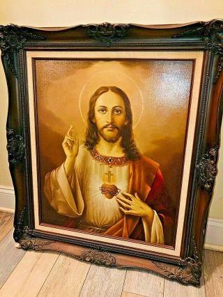 Glorious Vintage Nuns Convent Sacred Heart Jesus Painting Hand Painted