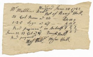 Antique 1782 Rum & Sugar Handwritten Receipt Medford,  Ma Revolutionary War Era