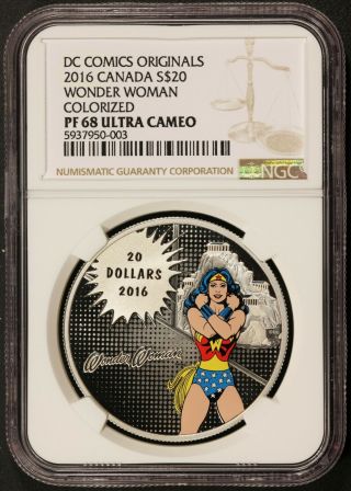 2016 Canada $20 Dc Comics Originals Wonder Woman 1 Oz Silver Coin - Ngc Pf 68