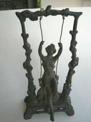 Antique Art Nouveau Auguste Moreau Lady Girl On A Swing Bronze Sculpture 9½ "