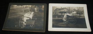 2 Antique Ww1 Era Matted Photograph Baby In Buggy Artistic Art Snapshot