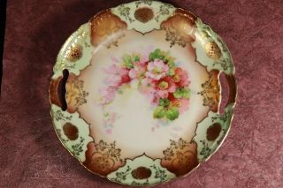 Antique 9.  25 " Three Crown China Germany 28 Handled Cake Plate Floral Gold Trim