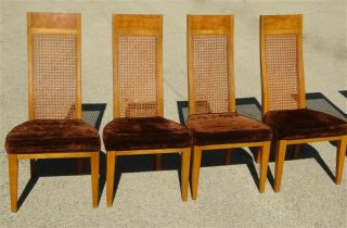 Four 1970s Mid Century Lane Alpha Milo Baughman Style Burl Dining Side Chairs