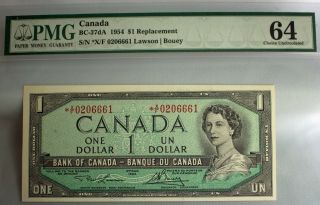 1954 $1 Replacement Canada Note Uncirculated Pmg 64 Choice Unc Lawson Bouey