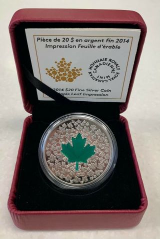 2014 Canada $20 Fine Silver Coin Maple Leaf Impression Green Enamel