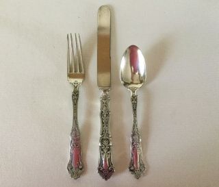 1835 R.  Wallace Cardinal 3 Pc Youth Set Knife Fork Spoon Patent 1907 Silverplate