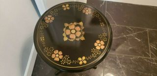 Vintage Ethan Allen Stenciled Wood Small Black Round Accent Table.