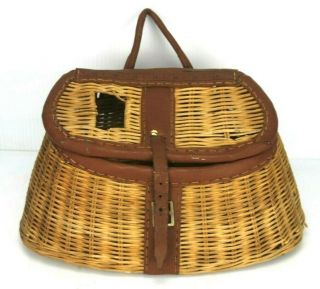 Vintage Wicker Fish Creel Basket W/ Leather Trim - Decor