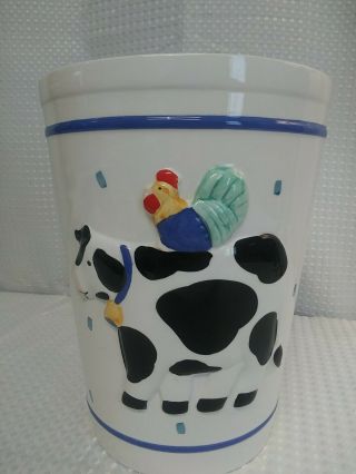 Vintage Retro 10 " Ceramic Waste Trash Can Raised Painted Cow Chicken Bathroom