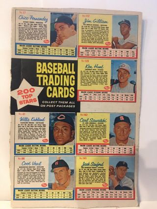 1962 Post Cereal Baseball Cards Full Sheet Jim Gilliam,  Willie Kirkland & More