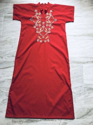 Vintage S M L Long Red Embroidered Caftan Kaftan Muumuu Robe Coverup Dress