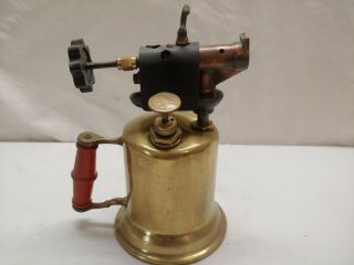 Antique Turner Brass Blow Torch W/wood Handle Sycamore Il Usa Model 30at