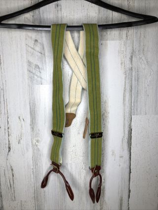 Vintage Police Brace Green Stripe Trouser Suspenders Leather Loops