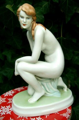 Antique Hungarian Zsolnay Kneeling Nude Porcelain Figurine,  8.  5 " H.