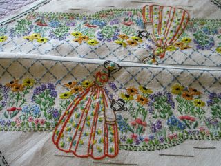 Vintage Fairistytch Hand Embroidered Linen Tablecloth - Crinoline Ladies & Florals