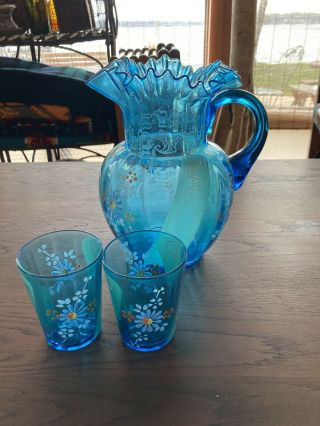 Antique? Vtg.  Ruffled Rim Blue Glass Hand Painted Lemonade Pitcher W/2 Glasses