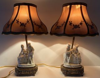 Antique Dresden Porcelain Courting Couple Figural Lamp - Org.  Shades - Filigree Brass