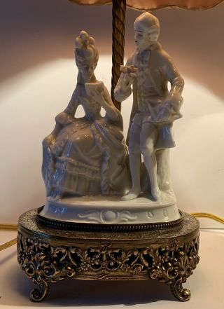 ANTIQUE DRESDEN PORCELAIN COURTING COUPLE FIGURAL LAMP - ORG.  SHADES - FILIGREE BRASS 2