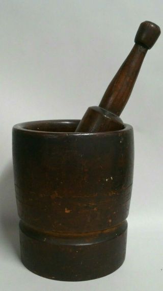 Antique 1800s 19th Century Black Walnut Wood Mortar And Pestle Large