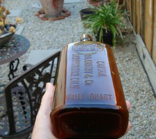 Antique,  Cartan,  Mccarthy & Co.  Amber San Francisco 1 Quart Western Whiskey Bottle