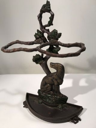Antique French Cast Iron Umbrella Stand Hunting Dog Tree Branches Leaves 23x15”