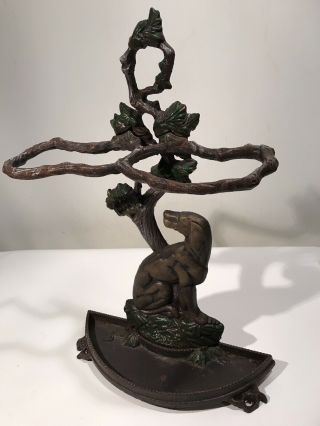 Antique French Cast Iron Umbrella Stand Hunting Dog Tree Branches Leaves 23x15” 2