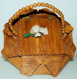 Vintage Tramp Folk Art Popsicle Stick Wood Coffin Style Purse Handbag
