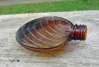Antique Figural Flask " Clam Shell / Whiskey Nipper " Amber Blown Glass Bottle.