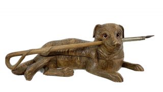 Antique Black Forest German Hand Carved Dog,  Leash,  Pen,  Inkwell