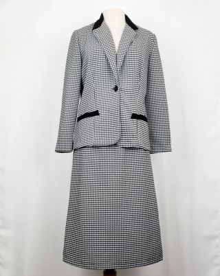 Vintage 80s Skirt Suit Black White Houndstooth Plaid Polyester Misses 14