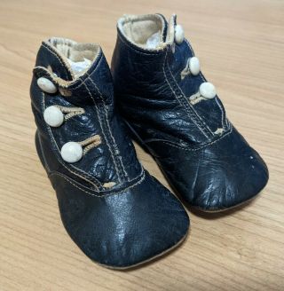 Antique Vintage Button Up Baby Shoes Dark Blue Leather 1920 - 1930 