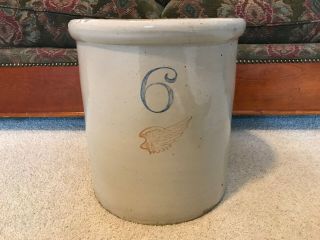 Antique Htf With No Oval Red Wing 6 Gallon Stoneware Crock,  4 " Wing