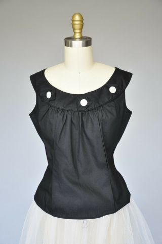 Vtg 50s Black Cotton Sleeveless Top Shirt Blouse Button Details Separates M/l