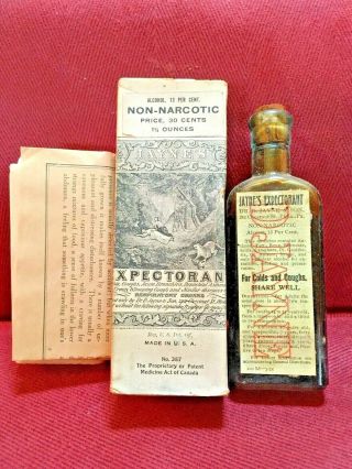 Antique Medicine Bottle Quack: Dr Jayne’s Cough Expectorant,  Contents,  Embossed.
